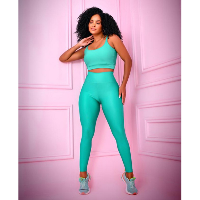 Conjunto top com calça bojo removível fitness academia feminino cintura alta moda zero transparência