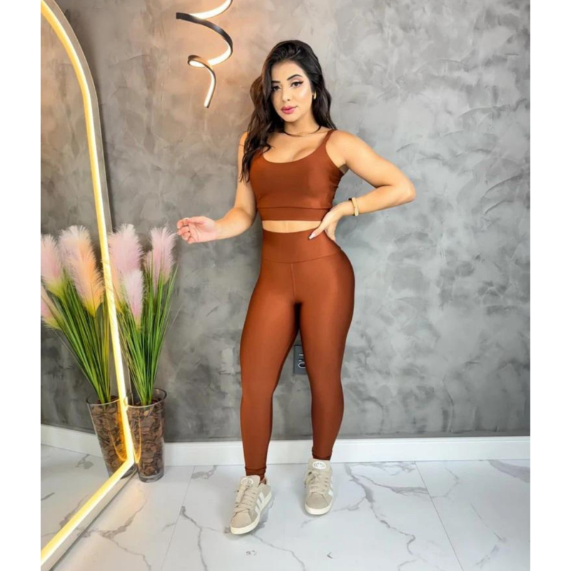 Conjunto top com calça bojo removível fitness academia feminino cintura alta moda zero transparência
