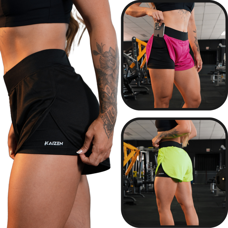 Shorts 2 em 1 feminino com compresao dry fit para academia e caminhadas