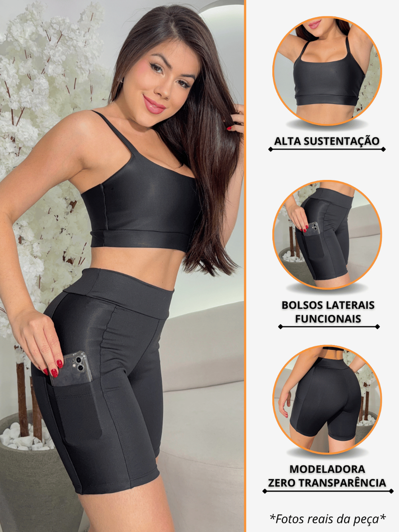 Conjunto Feminino Fitness Top + Short C/ Bolso Suplex Premium Roupa de Academia Treino Corrida