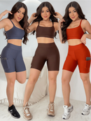 Conjunto Feminino Fitness Top + Short C/ Bolso Suplex Premium Roupa de Academia Treino Corrida